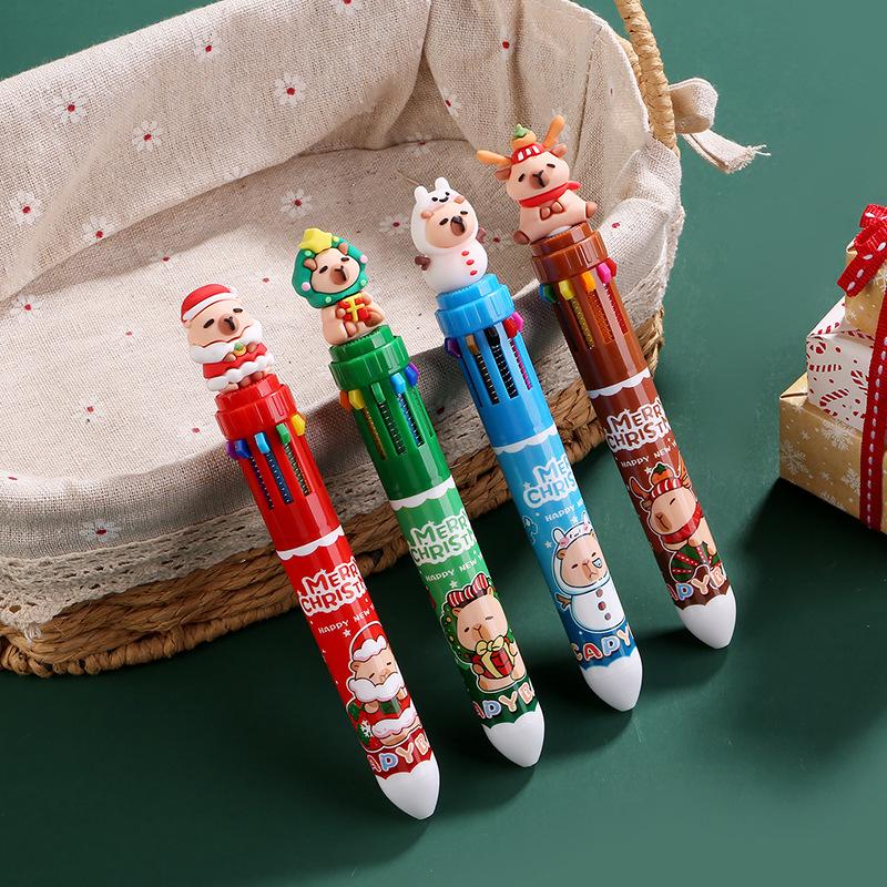 Christmas Capybara 10 Color 0.7Mm Ballpoint Pen Cute Cartoon Santa Claus Snowman Press Pen Handbook Stationery Gifts