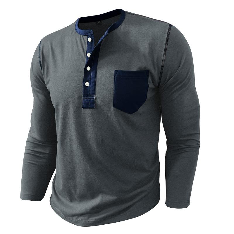 Mens Contrast Color Pocket Long Sleeve Crew Neck Henley Casual T Shirt
