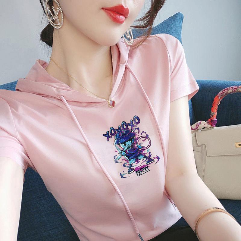 

100% Cotton Women s Hooded Sweatshirt - New Chinese Style, Ethnic-Inspired, Loose Fit, Short Sleeve, Summer Casual Versatile T-Shirt XL (recommended for 110-125 jin)