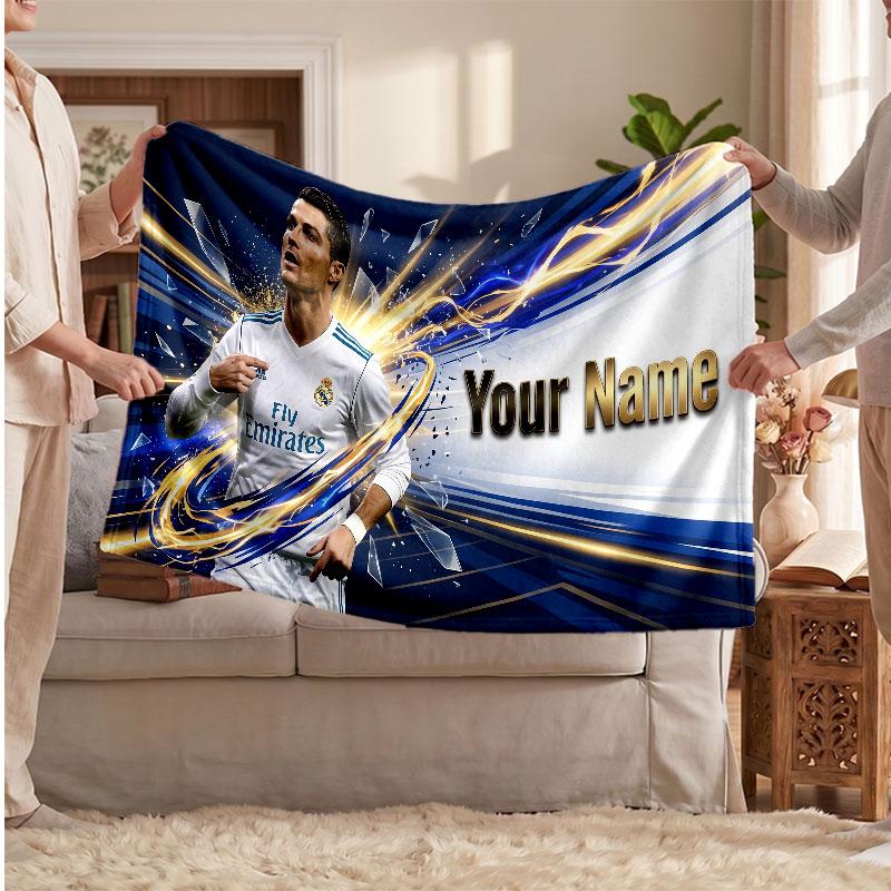 Coperta Personalizzata in Pile Cristiano Ronaldo con Logo Calcio, Testo Nome Personalizzato Morbida Calda Coperta da Divano per la Casa