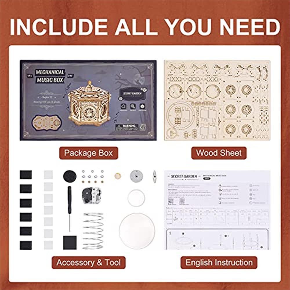 Robotime Secret Garden DIY Mechanical Music Box Kit 3D Wooden Puzzle Box for Adults Self-Assembly Building Project