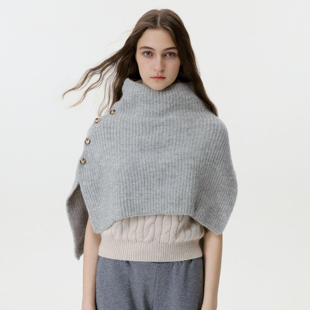 Women's Solid Color Knit Button Shawl Soft Warm Cape Coat with Slit Design Versatile Scarf for Fall Winter