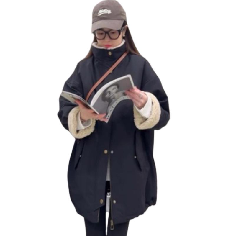 Women's Fleece-Lined Lambswool Parka with Stand-Up Collar - European Style 2024 Autumn/Winter