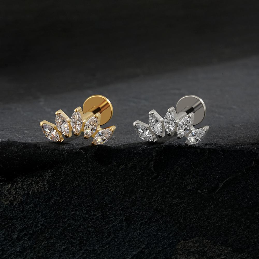 Right Grand ASTM F136 Titanium 5 Marquise CZ Crown Cartilage Earring 16G Cluster CZ Flat Back Helix Stud Nose Piercing Jewelry