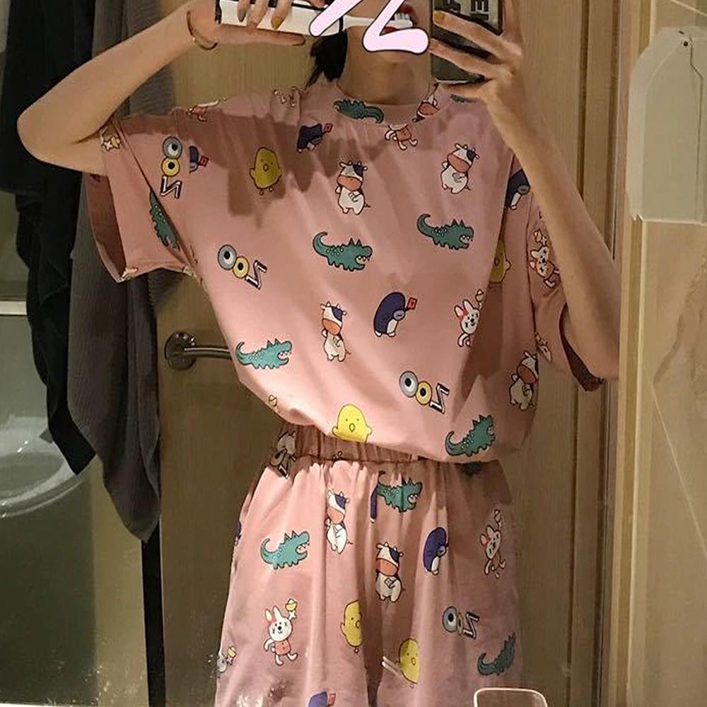 2pcs Cartoon Printed Pajamas Suit Women Summer Short Sleeve T Shirt and Shorts