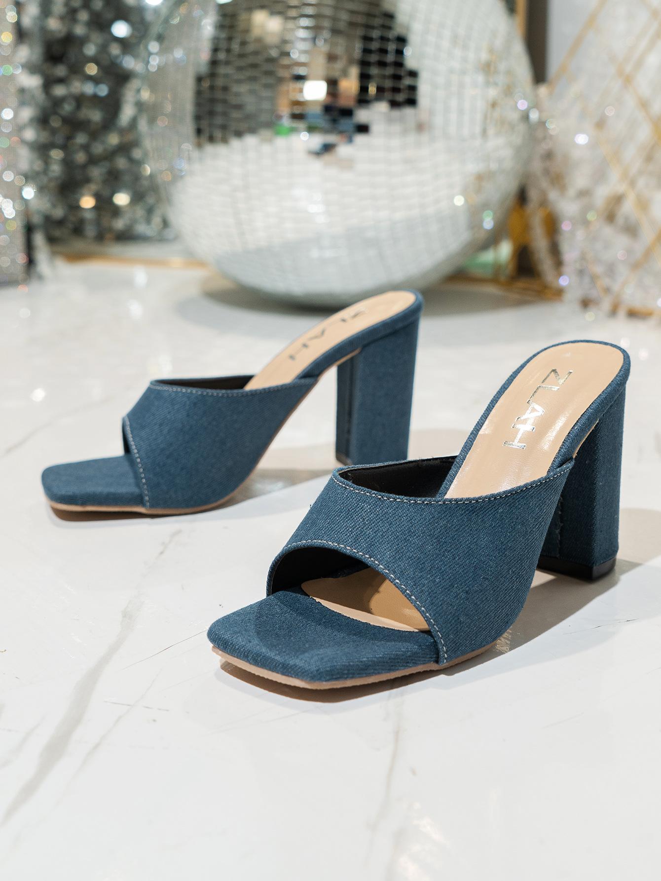 

Босоножки на блочном каблуке, новые туфли на высоком каблуке, женские, большого размера, толстый каблук, квадратный носок, женская обувь 36 светло-синий