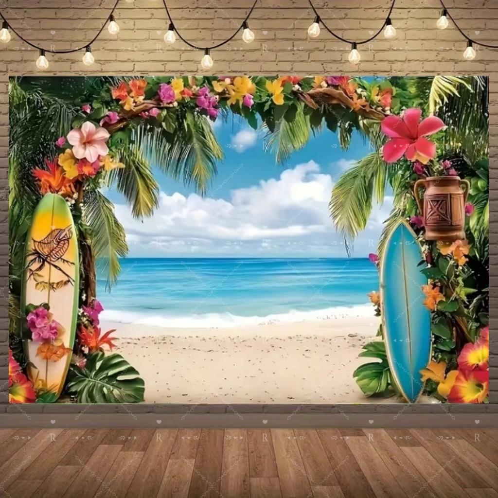 Summer Beach Holiday Party Decoration Backdrop Sunshine Flamingo Ocean Surfboard Portrait Photography Background Props Banner