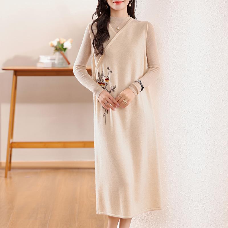 Dámské kašmírové šaty Qinghe kašmír 30% kašmír 70% vlna podzimní a zimní kašmírová sukně měkká a teplá