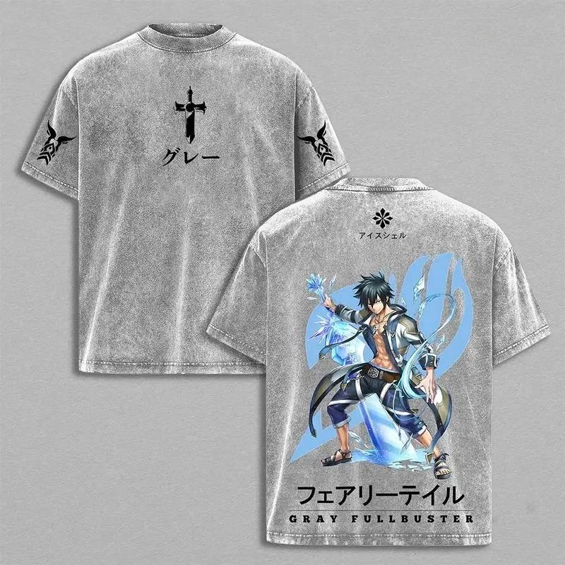 Anime FAIRY TAIL Gray Fullbuster Printed Tee Men Short Sleeve Cotton Tshirts Vintage Washed T-shirt Harajuku Oversized T Shirt