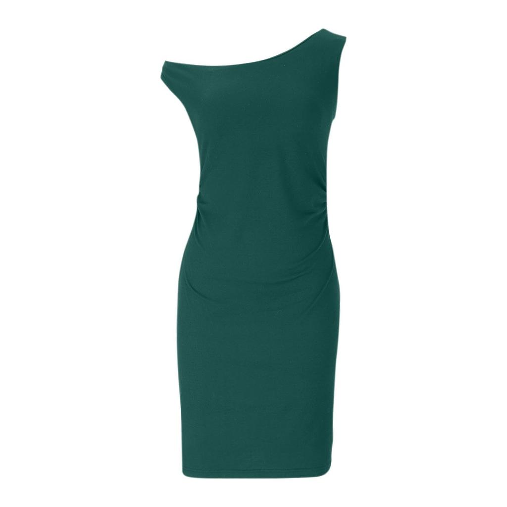 Women's Fashionable Sexy Color Off Shoulder Waist Pleated Sleeveless Hip Hugging Dress
