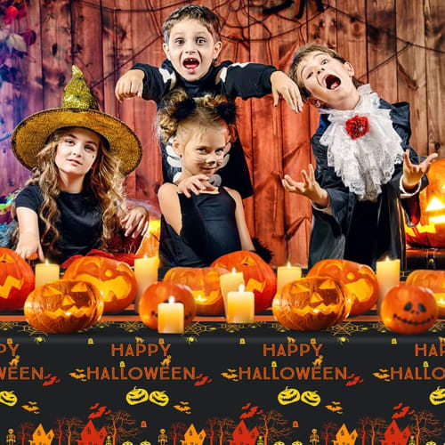 DIFEIUKI Happy Halloween Tablecloths, Set of 4, Spider Web, Bat, Pumpkin, Castle, Black and Orange, Rectangular Table Covers, Water-Repellent and Wate