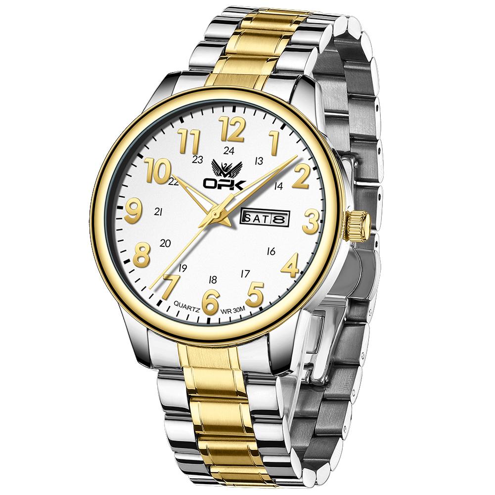 OPK 8176 Man Watch Steel Strap Waterproof Luminous Date Week Classic Digital Dial Simple Business Quartz Wristwatches for Men