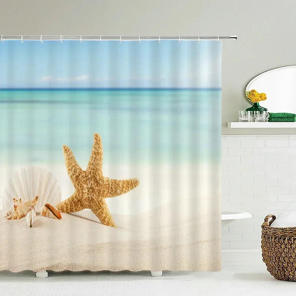 Seascape Beach Shower Curtains Bathroom Shower Curtain 3D Fabric Curtain Waterproof Curtain Easy To Install, Smooth and Silent
