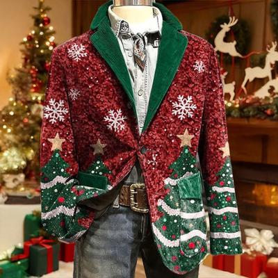 Suit Coat Corduroy Winter Jacket Slim Fit Single-Breasted Suit Jacket Lapel Long Sleeve 3D Christmas Themed Print Outerwear