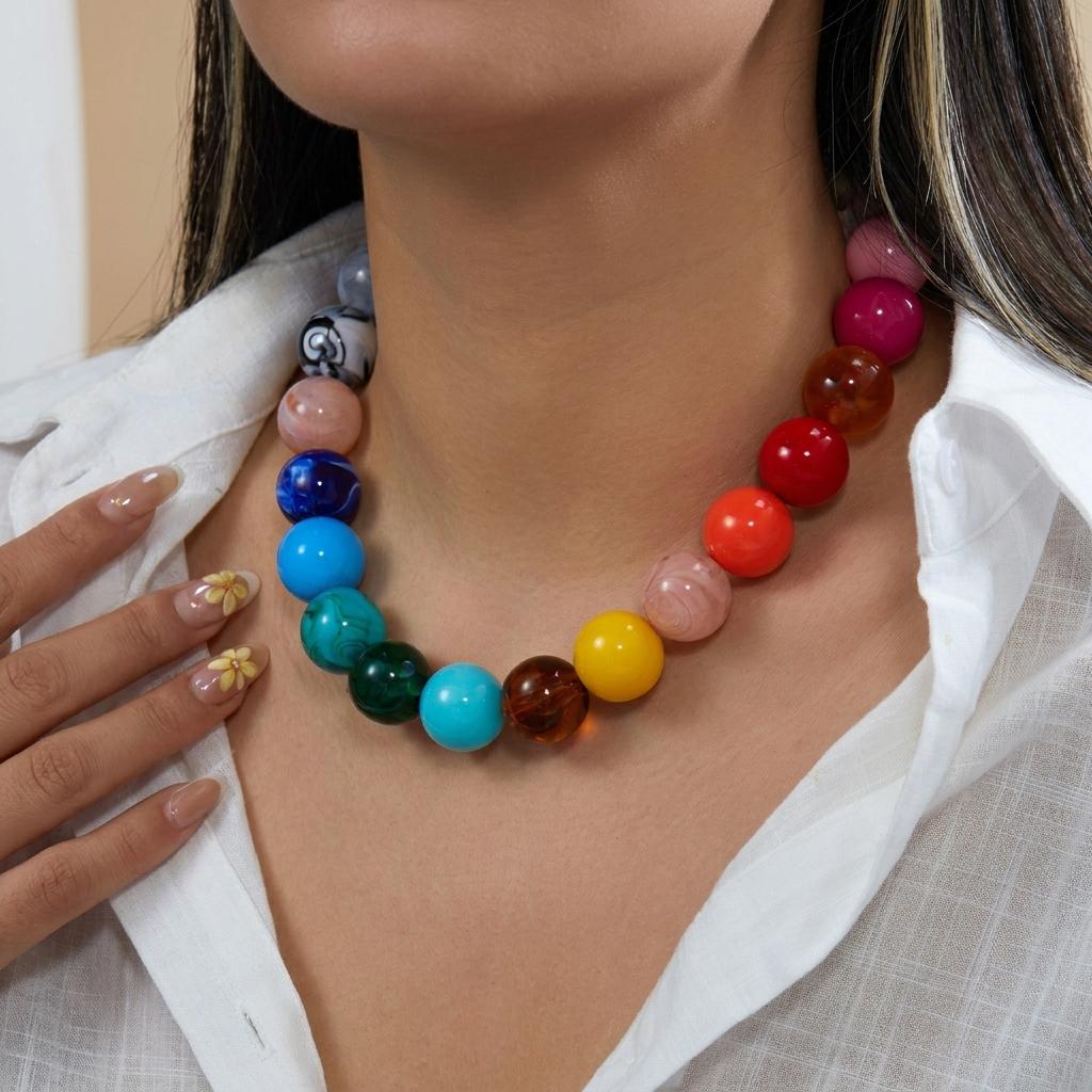 Exaggerated Colorful Chunky Beads Necklaces for Women Men Handmade Round Resin Beaded Chain Choker Statement Charms Jewelry