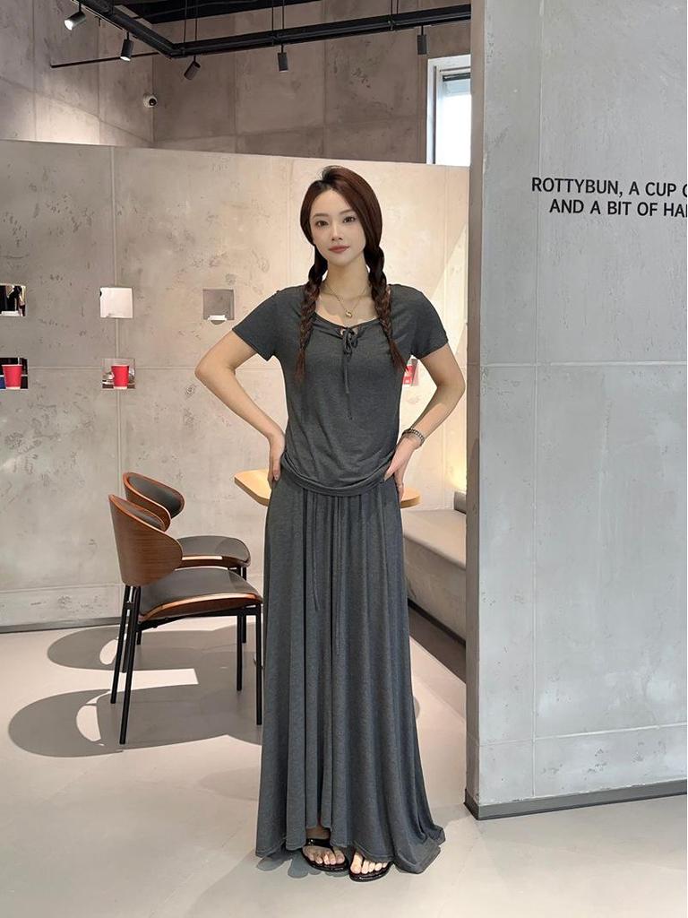 Spring & Summer Modal Tie-Up Round Neck Tee & Drawstring High Waist Long Skirt Set