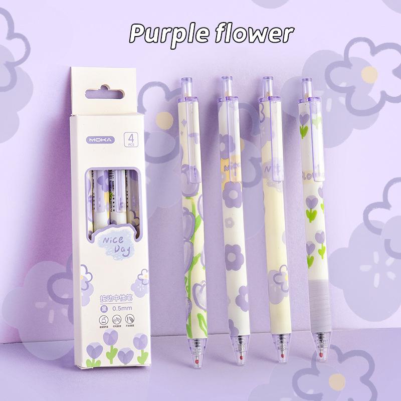 Conjunto de 4 Canetas Gel Florais Românticas Estampa Floral Adorável Ponta Esferográfica 0.5mm Tinta Preta para Escrever