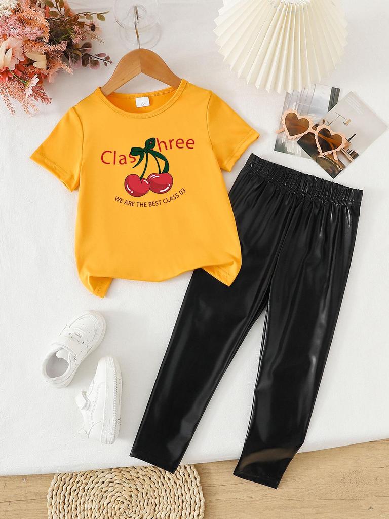 Summer Girls' Fashionable Two-Piece Clothing Set: Short Sleeve Top & Printed Long Pants