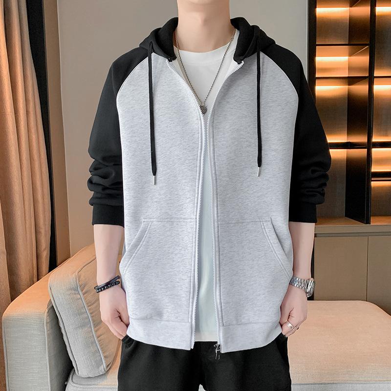 

Мужская куртка на весну и осень с капюшоном, кардиган с рукавами грубой вязки, контрастный топ с вставками, мужская куртка с капюшоном 5XL светло-серый