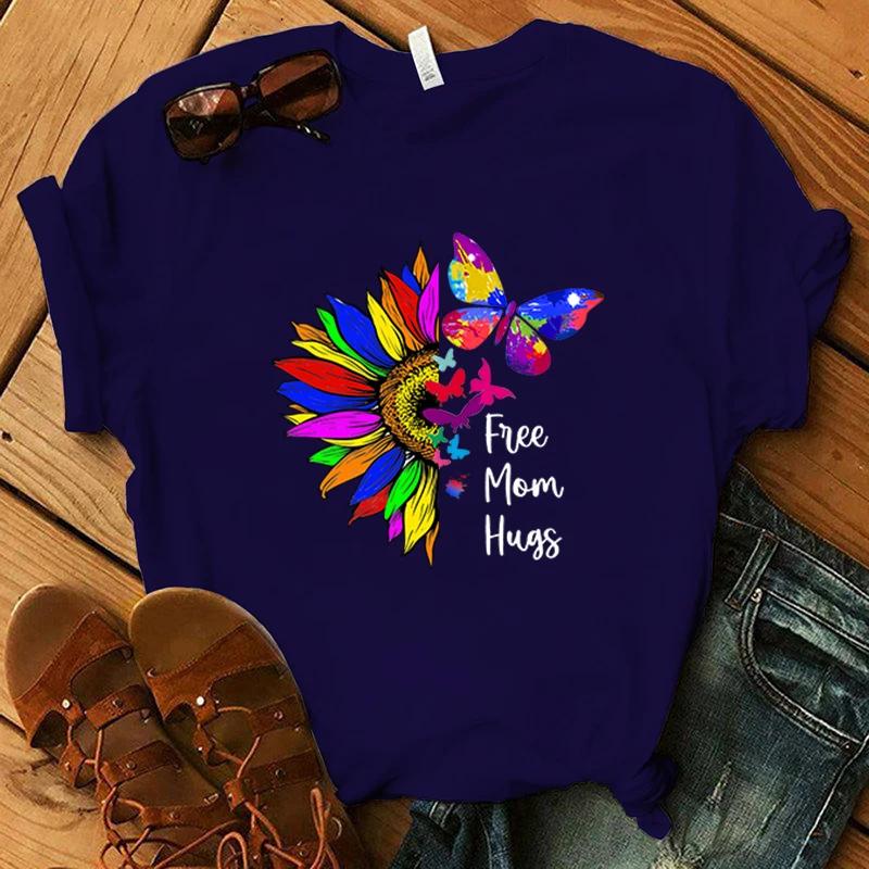

New Hot LGBT Sunflower Butterfly Free Mom Hugs Printed T-Shirts Women Girl Unisex Casual Loose Round Neck Creative Personalized XXXL золотий