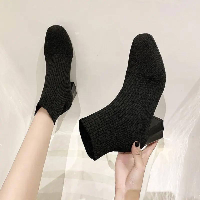 Fashion Booties Knit Elastic Elegant With Medium Heels Women's Ankle Boots Yellow Chic High Quality New In Hot Sale Female Short Shoes