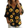 T-shirt da donna con scollo a V, stampa floreale vintage, vestibilità ampia, manica corta, misto lino, top casual con dettaglio a bottone