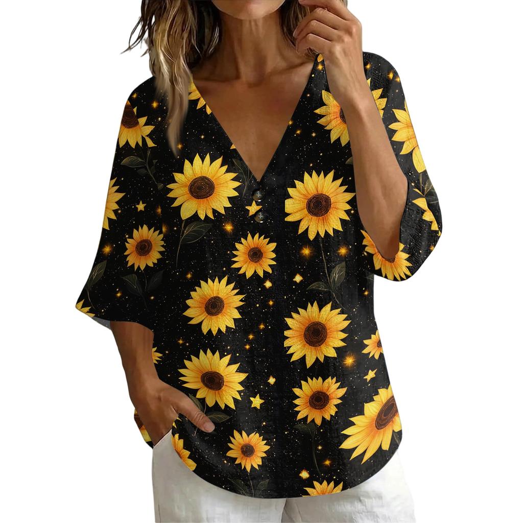 T-shirt da donna con scollo a V, stampa floreale vintage, vestibilità ampia, manica corta, misto lino, top casual con dettaglio a bottone