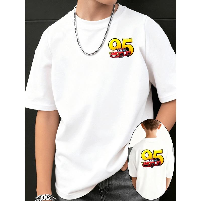 European sizes Red Car Number Cartoon Boys' Double-Sided Printed T-Shirt, Soft And Comfortable Summer Fashion Round-Neck Top, Suitable for Outdoor