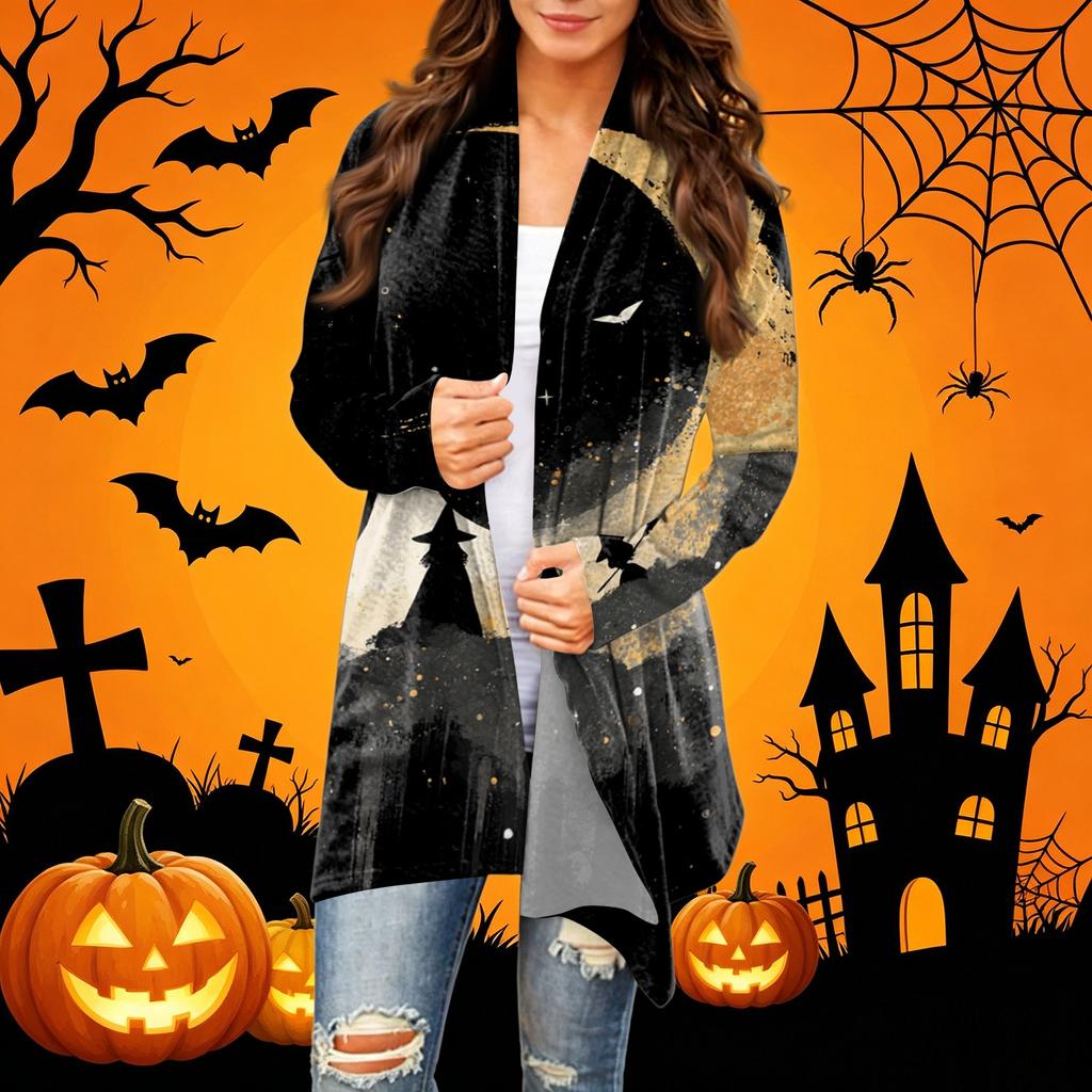 Women's Casual Halloween Print Mid-Length Cardigan Coat