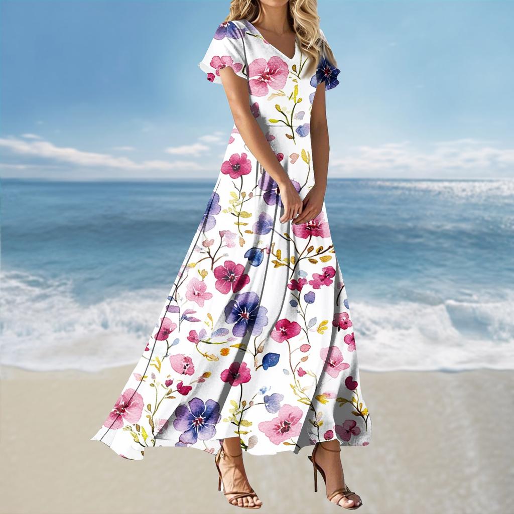 Women's Loose Casual V-Neck Short Sleeved High Waisted Print Dress