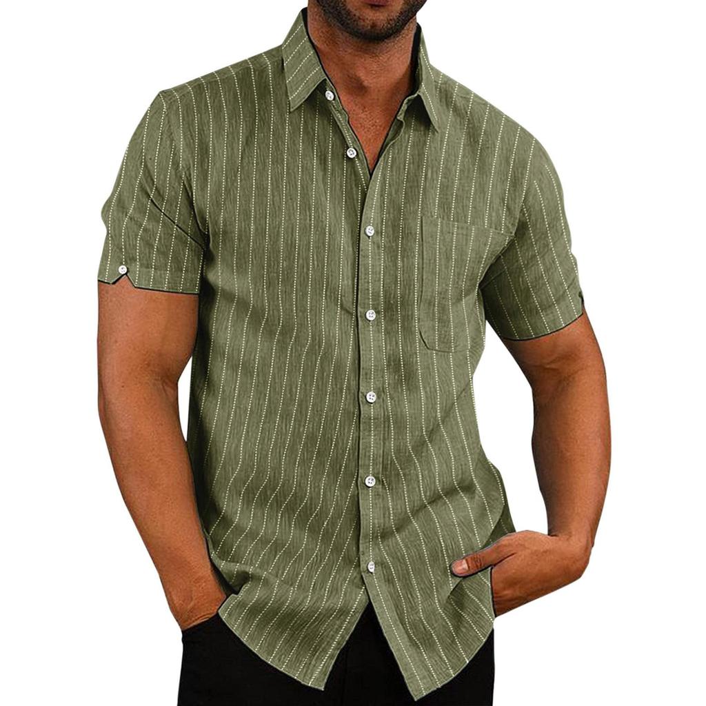 Summer Slit Short Sleeve Striped Shirt Men Plus Size Casual Clothing Mens Lapel Button Up Pocket Loose Shirts