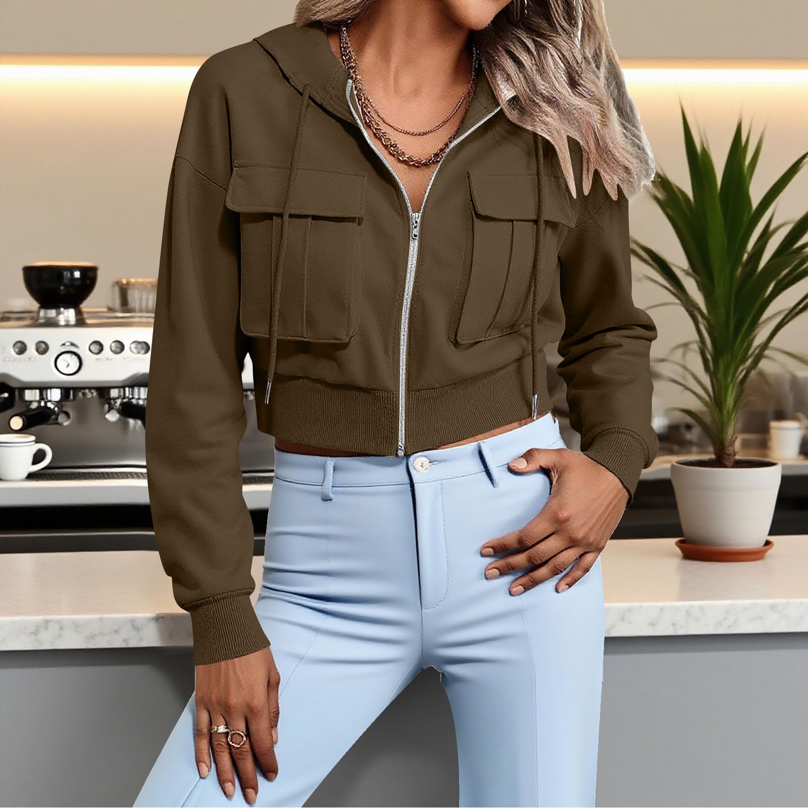 

Women s Fashionable Solid Color Long Sleeved Buttoned Pocket Casual Lightweight Cotton Jacket L кофейный