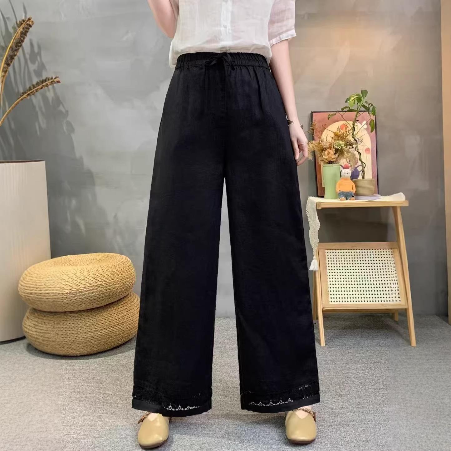 

2026 Spring/Summer Women s Pure Linen Trousers with Floral Hem and Elastic Drawstring Waist - Artistic Straight-Leg Casual Pants. One Size чёрный