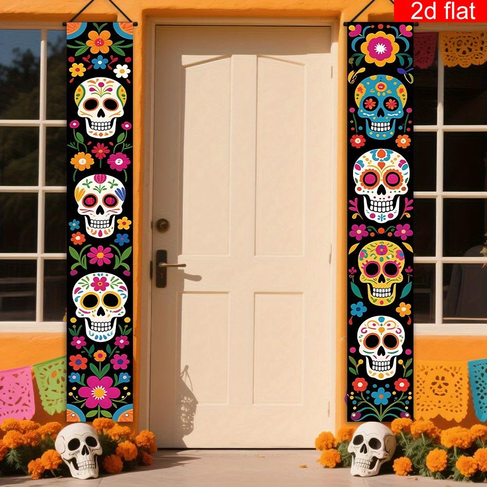 2D Flat, 2D Flat Banner, 1 Pair, Mexico Day of the Dead Porch Banner,, Colorful Skulls, and Other Elements Style Design, Suitable for Home, Party and