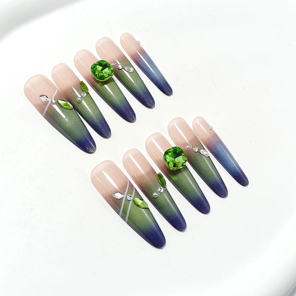 

Fairytale Green Gradient Rhinestone Greyhound Nail Tips - Light Luxury Manicure Style Medium