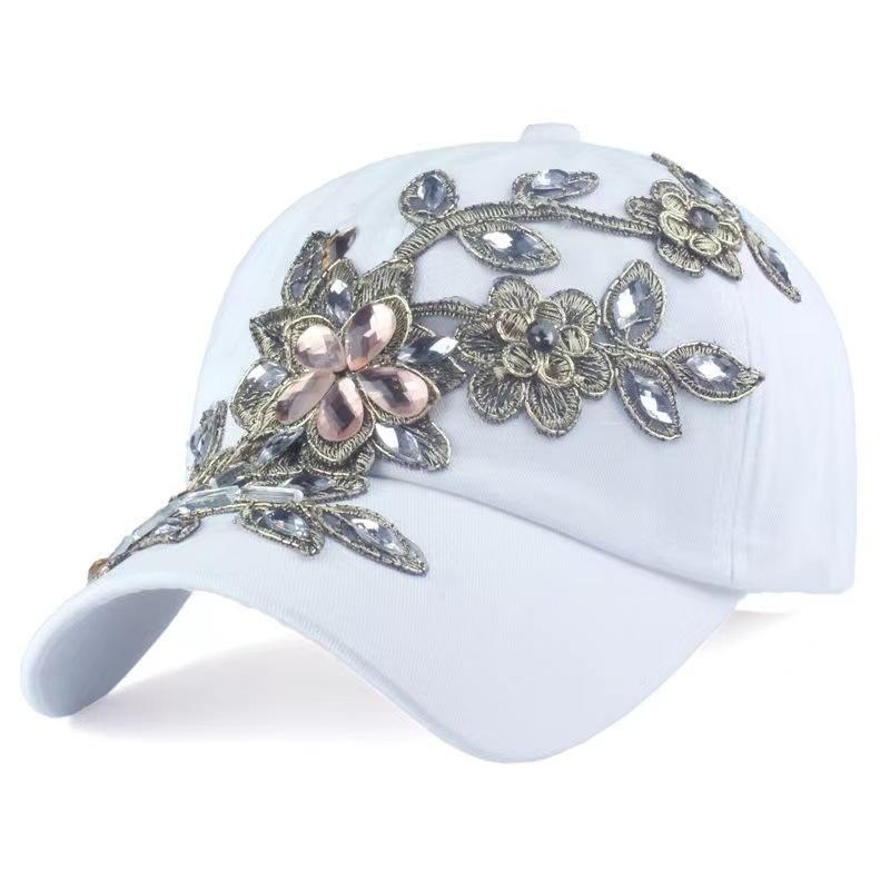 Denim Floral Rhinestone Baseball Cap for Women, Distressed Vintage Adjustable Sun Hat
