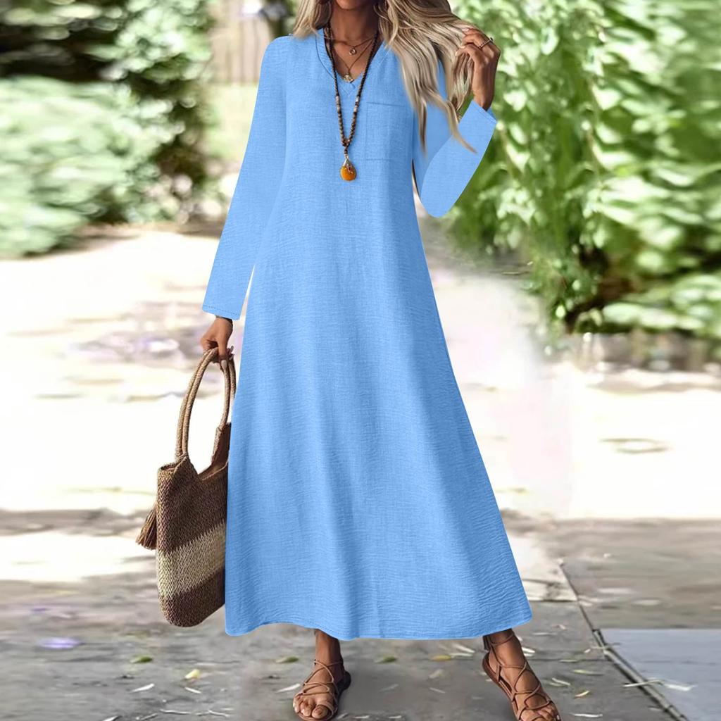 Women's Fashion V-Neck Long Sleeve Pocket Solid Color Zipper Casual Vacation Long Cotton Linen Dresses