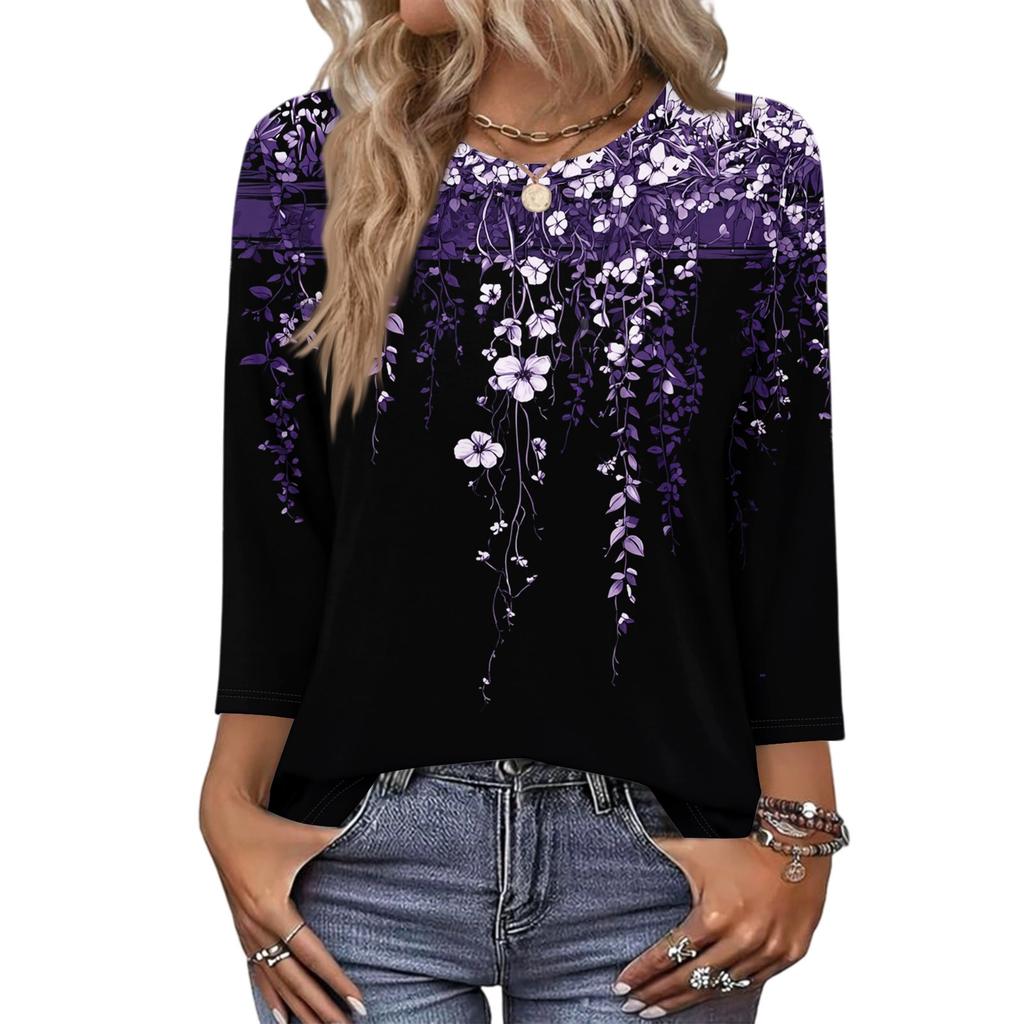 343/4 Sleeve Shirts For Women Cute Print Graphic Tees Blouses Casual Plus Size Basic Tops Pullover