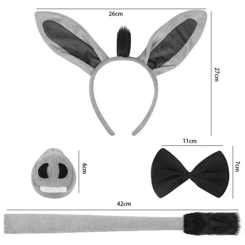 4PCS Fashion Funny Donkey Costume Set Tail Nose Animal Donkey Headband Bow Tie Donkey Ears Headband Accessory