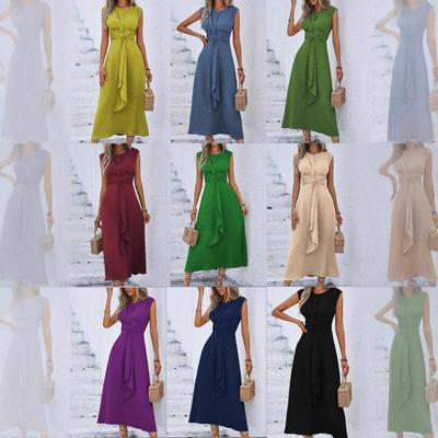 Women's Sleeveless Waist-Hugging Long Dress - Summer/Autumn, Elegant European & American Style, Slimming Fit