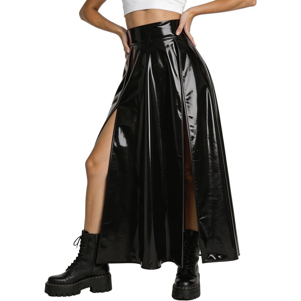 Damen Lackleder Hoher Schlitz Rock Hinten Unsichtbarer Reißverschluss Hohe Taille Minirock für Club Rave Musikfestival Karneval Party Ausgehen