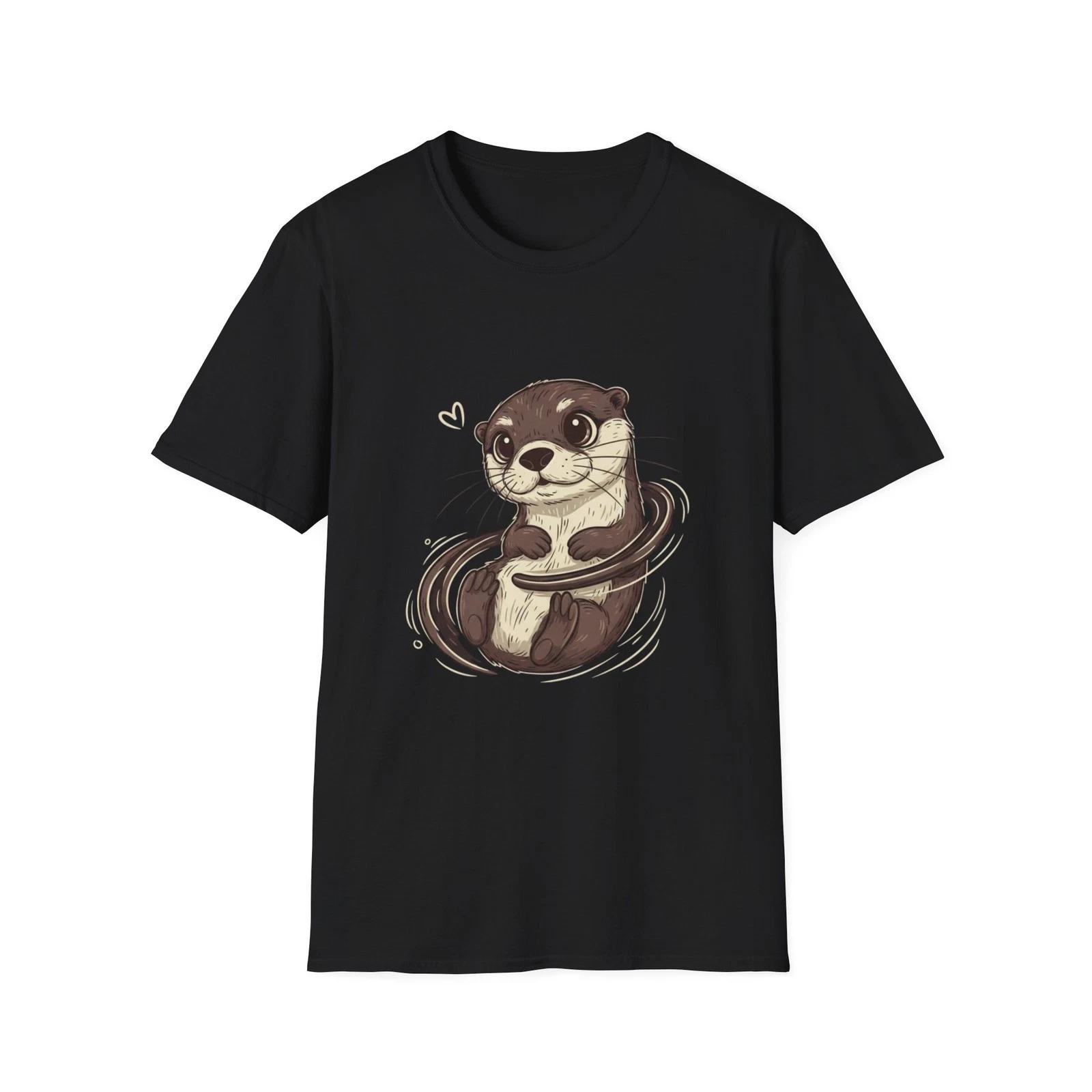 Otter Cute Kawaii Cartoon Illustrated Black Tee Animal Graphic T-Shirt M
