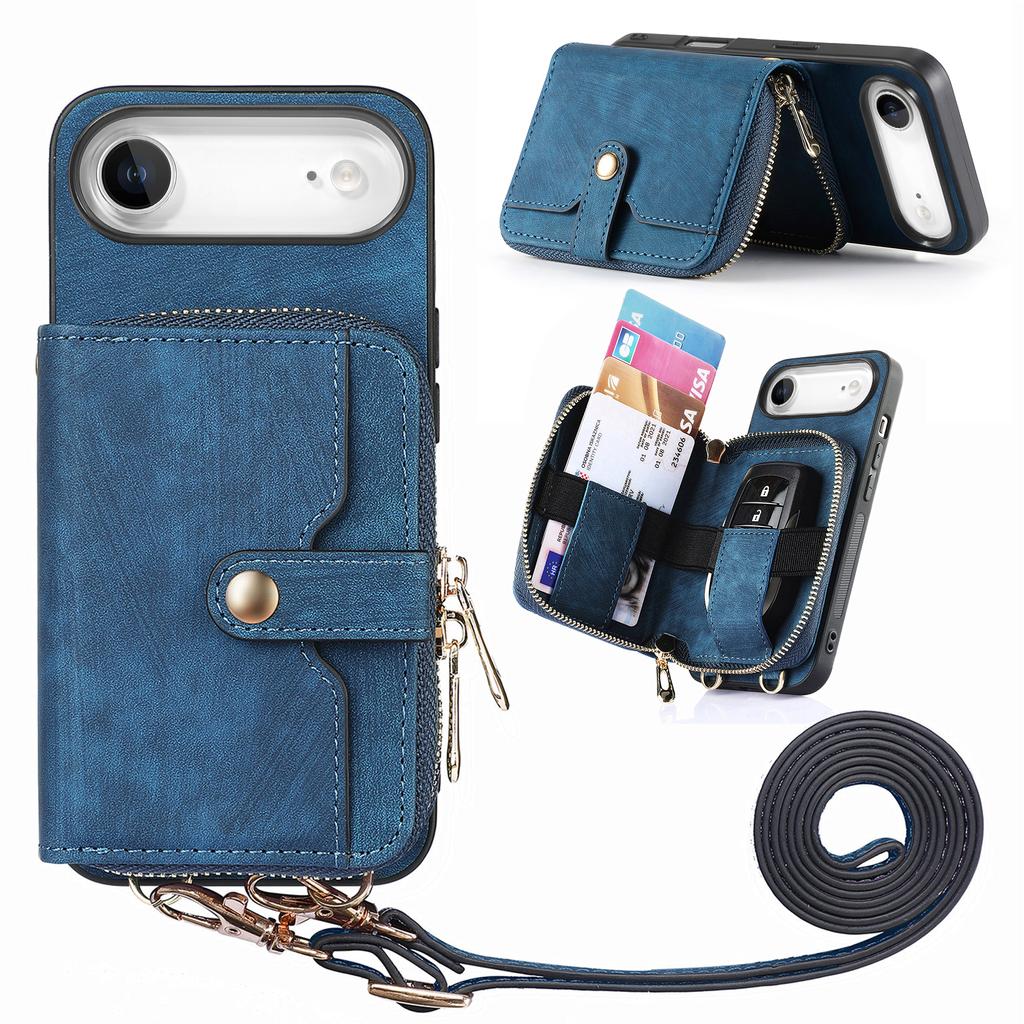 For iPhone Air PU Leather Phone Back Cover with Zipper Card Holder and Long Strap
