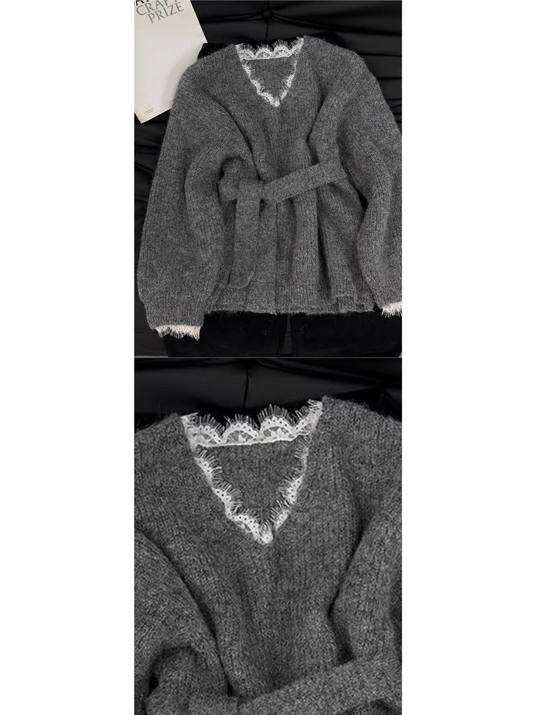 Women's Grey French Lace Patchwork Pullover: Stylish Two-Piece Look, Soft Collar, Perfect for Autumn/Winter
