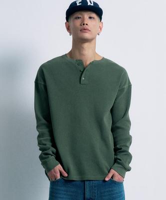 FERNOV Washed Waffle Henley Neck Khaki