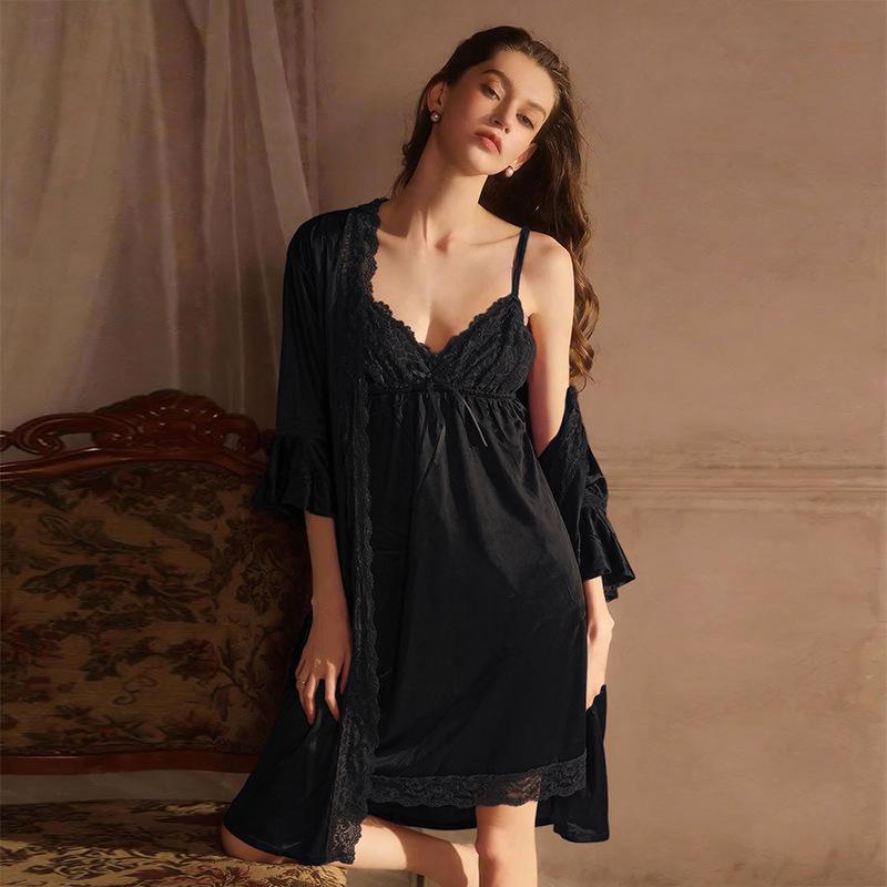 Sexy pajamas women's summer lace ice silk simulation silk suspender pure desire nightdress robe loungewear two-piece set