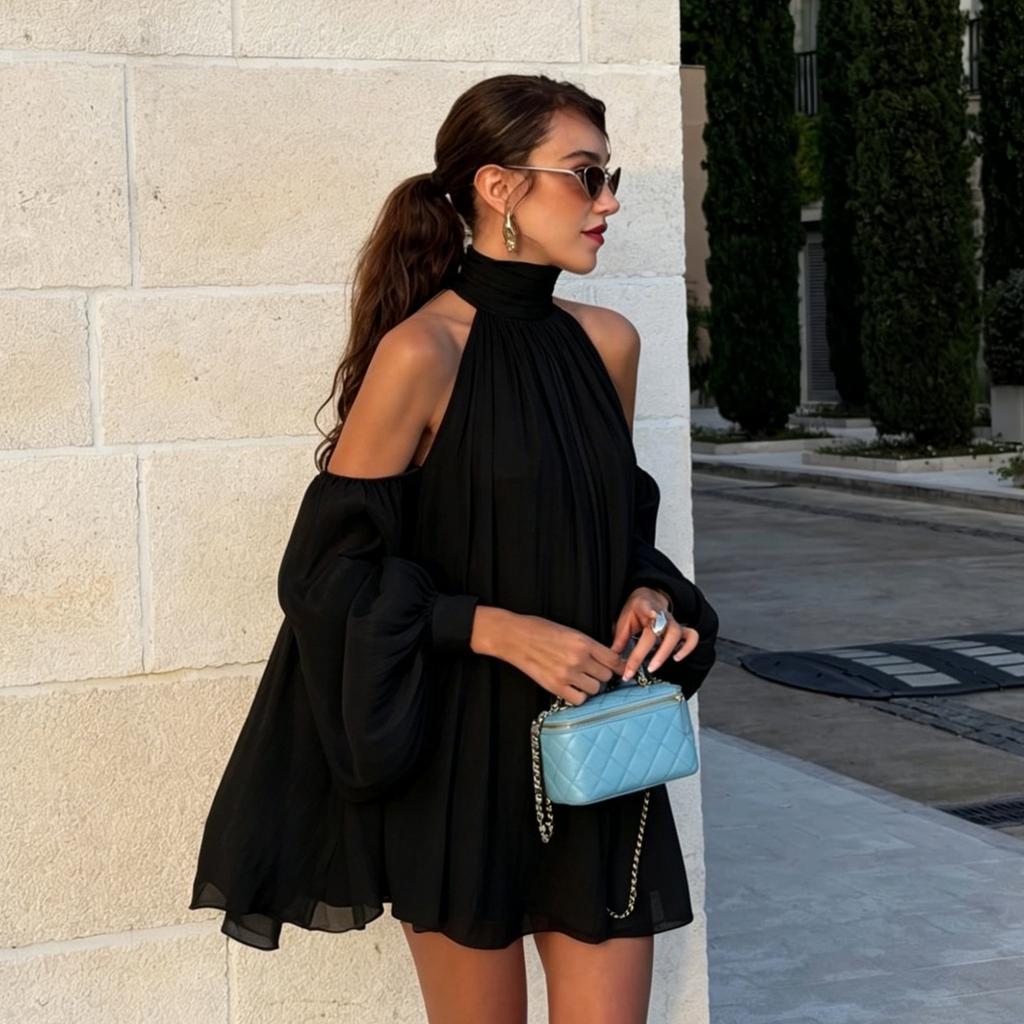 European and American holiday style neck chiffon top women's summer heap collar off the shoulder loose bubble sleeve pleated shirt