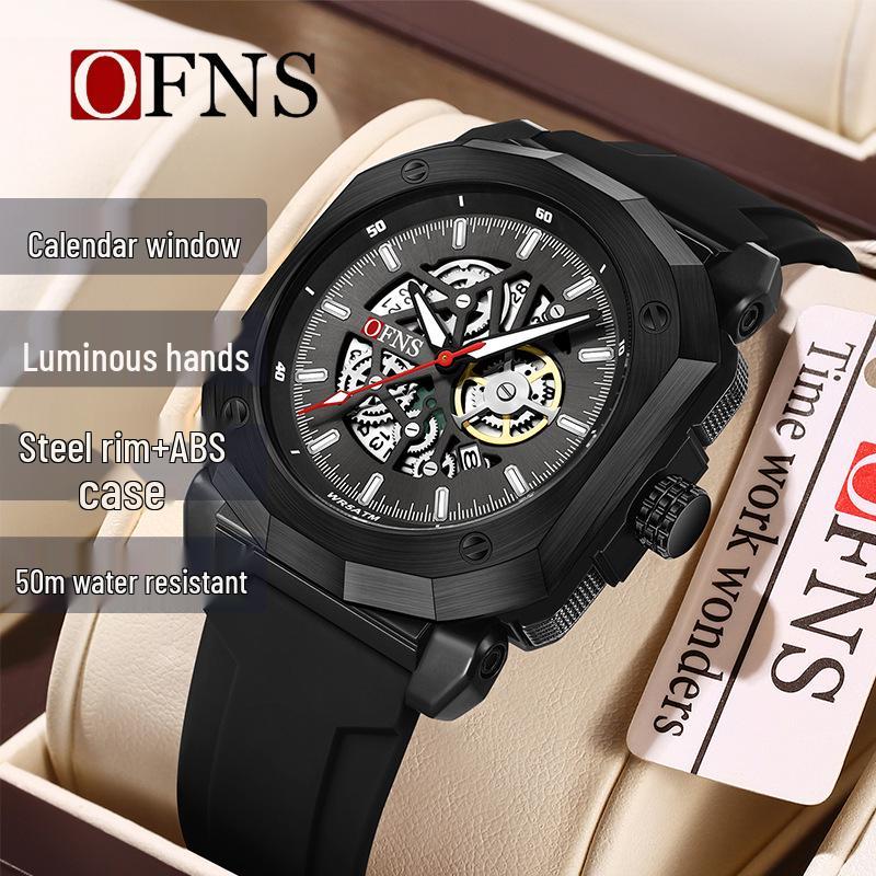 Oufanni Men's Waterproof Luminous Skeleton Quartz Wristwatch with Calendar