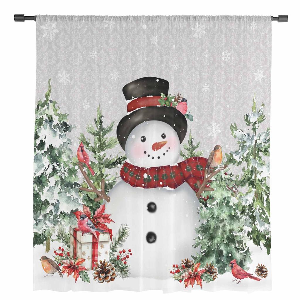 Christmas Tree Snowflakes Robin Snowman Gray Sheer Curtains Living Room Decoration Window Curtains Kitchen Tulle Voile Curtains