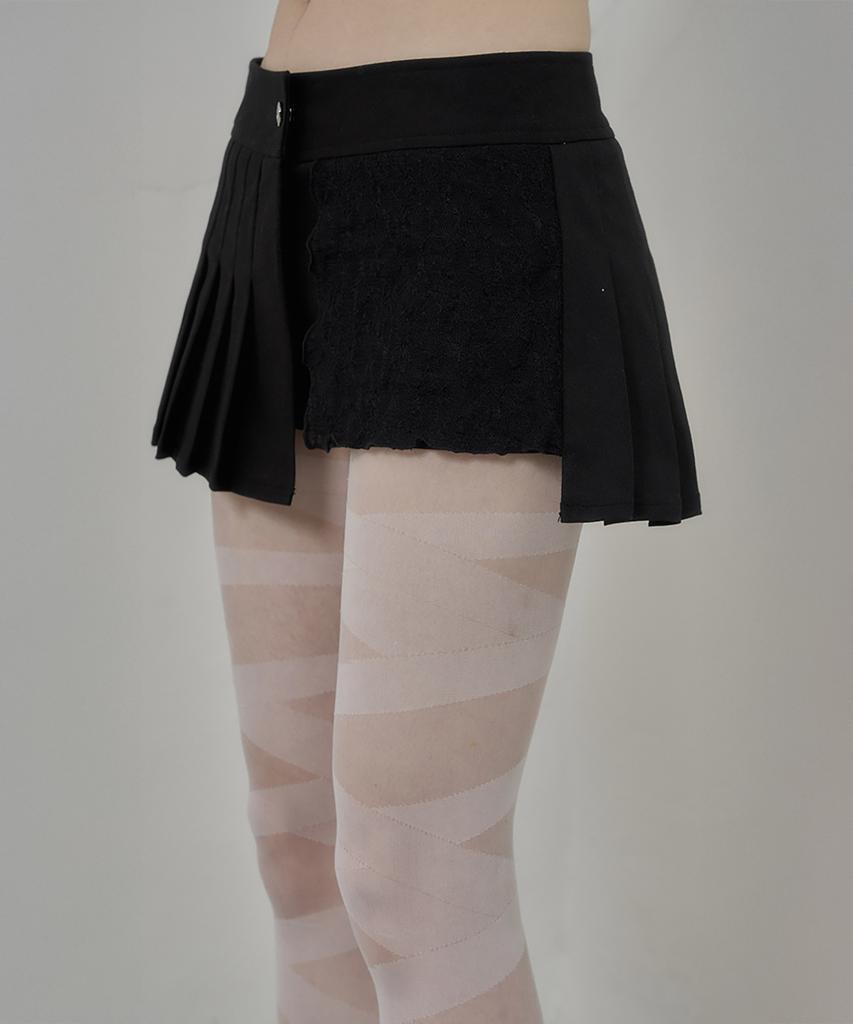Soea Wrap Pleats Lace Skirt Pants (Black)